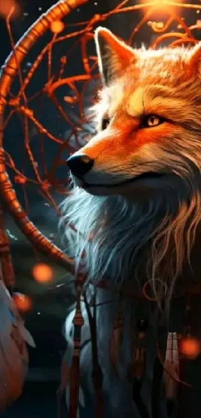 Mystical wolf with dreamcatcher in the dark forest wallpaper.