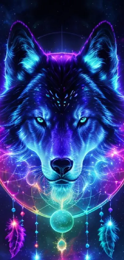 Mystical neon wolf in a dreamcatcher design.