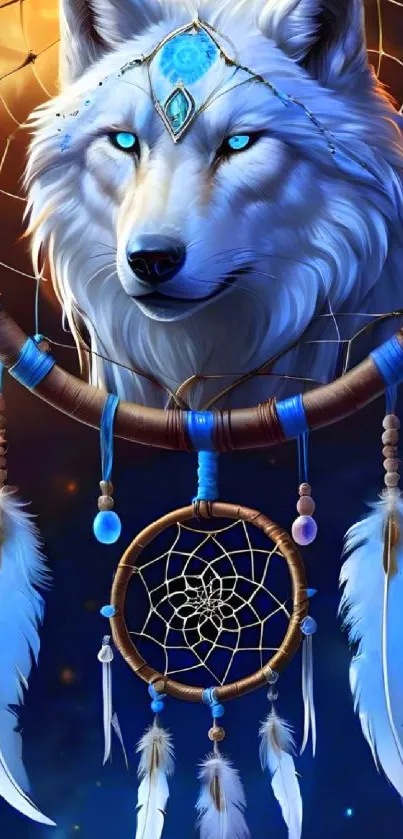 Mystical wolf within a dreamcatcher on a mobile wallpaper.