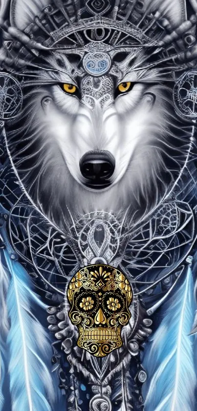 Mystical wolf and dreamcatcher artwork with vibrant colors.