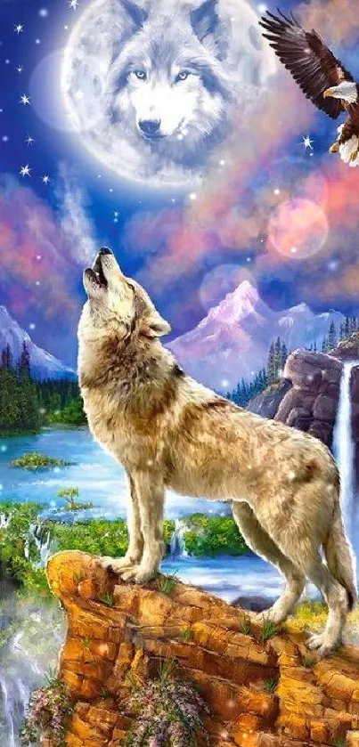 Mystical landscape with wolf, moon, and eagle.