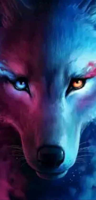 Mystical wolf with vibrant blue and pink hues in a cosmic setting.