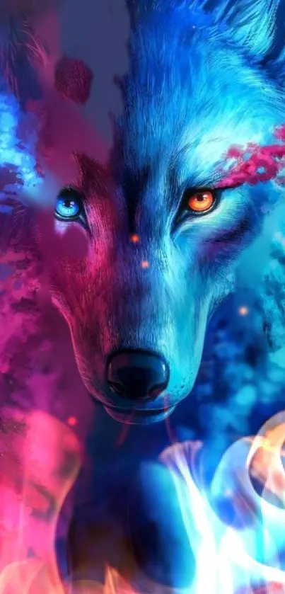 Colorful wolf with blue and red hues in a mystical fantasy setting.