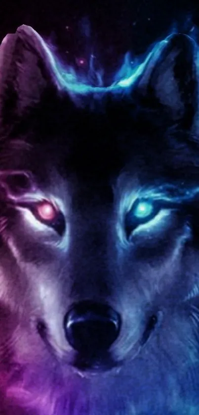 Vibrant cosmic wolf with dual glowing eyes in a mystical background.