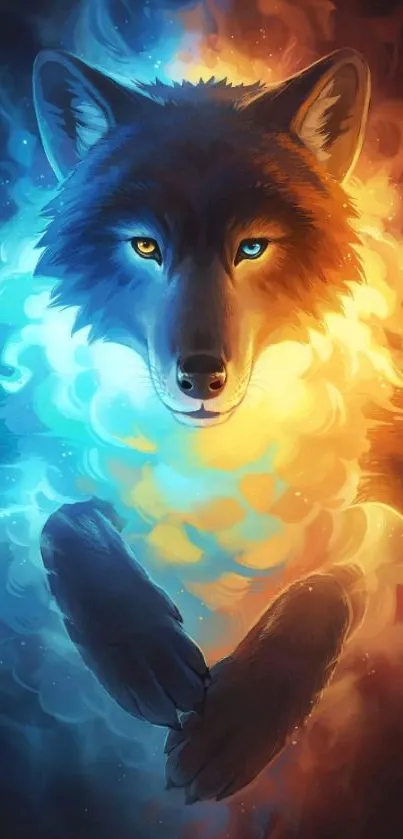 Mystical wolf art blending blue and fiery hues, showcasing dual nature.