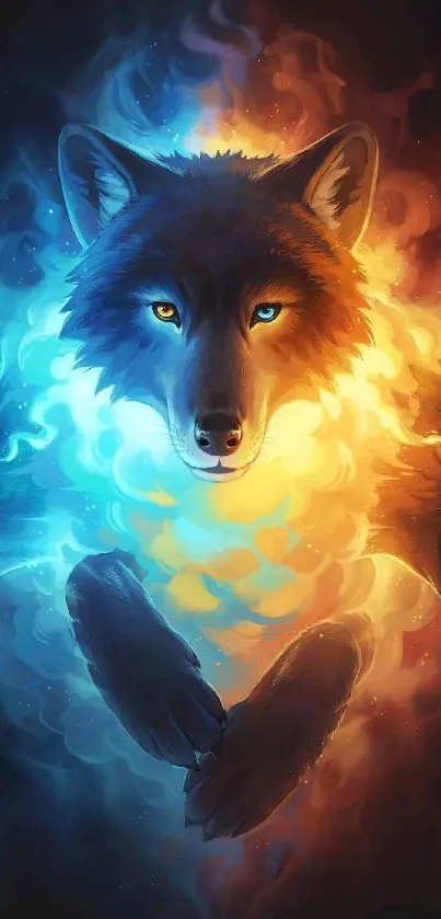 A mystical wolf with fire and ice elements, creating a dynamic wallpaper design.