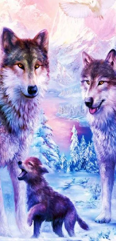 Mystical wolf family in a snowy lavender landscape.