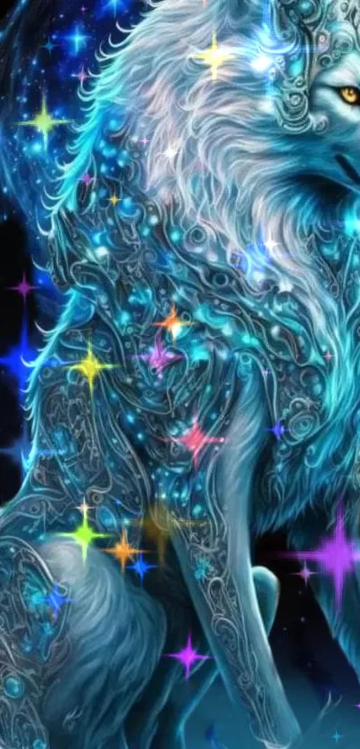 Mystical wolf with glowing blue cosmic patterns.