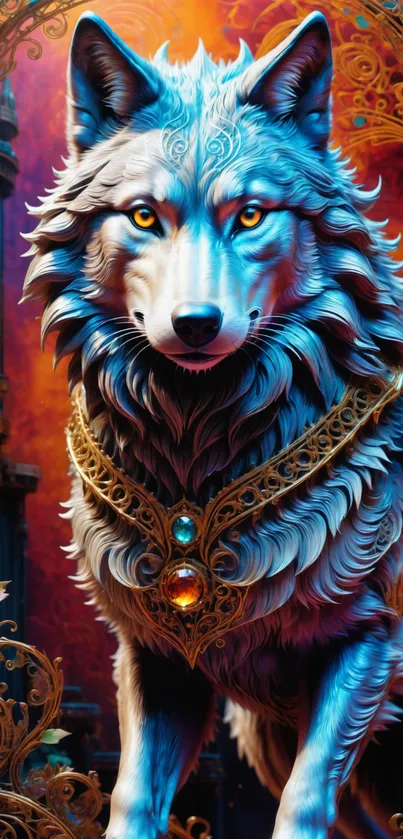 Mystical wolf with gold armor in vibrant fantasy setting.