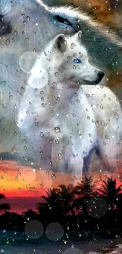 Mystical white wolf with cosmic background.