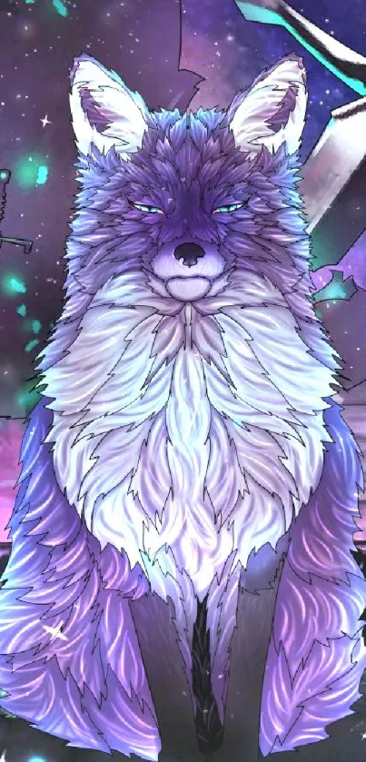 Mystical wolf in a galaxy-themed fantasy art scene.