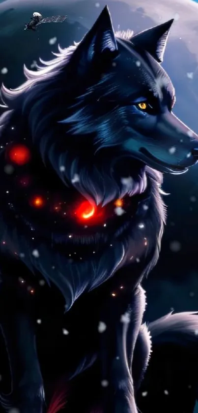 Mystical wolf under moonlight with glowing embers, dark fantasy art.