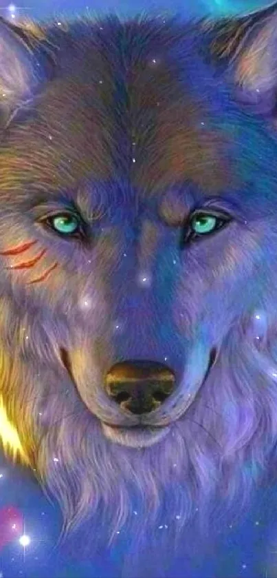 Mystical wolf with glowing eyes in a vibrant fantasy art wallpaper.