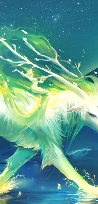 Mystical green wolf in a dreamy fantasy art scene.