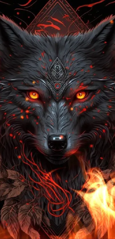 Mystical art of a dark wolf with glowing eyes and leaves on dark background.