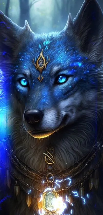 Mystical wolf with glowing eyes in a forest.