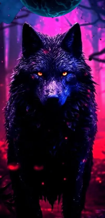 Mystical wolf with glowing eyes in a vibrant purple forest wallpaper.