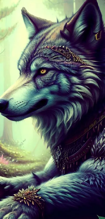 Mystical wolf in a fantasy forest setting with detailed artistic elements.