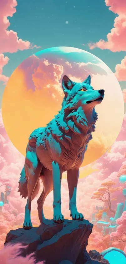 Mystical wolf with vibrant celestial background in fantasy art style.