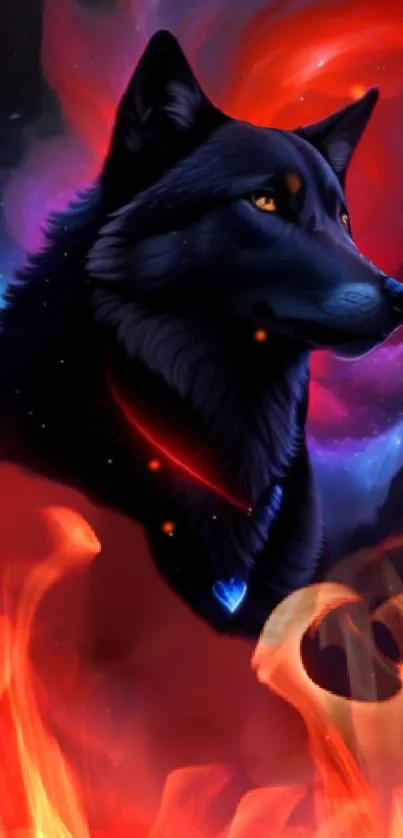 Mystical dark wolf in fiery galaxy background with vibrant red flames.