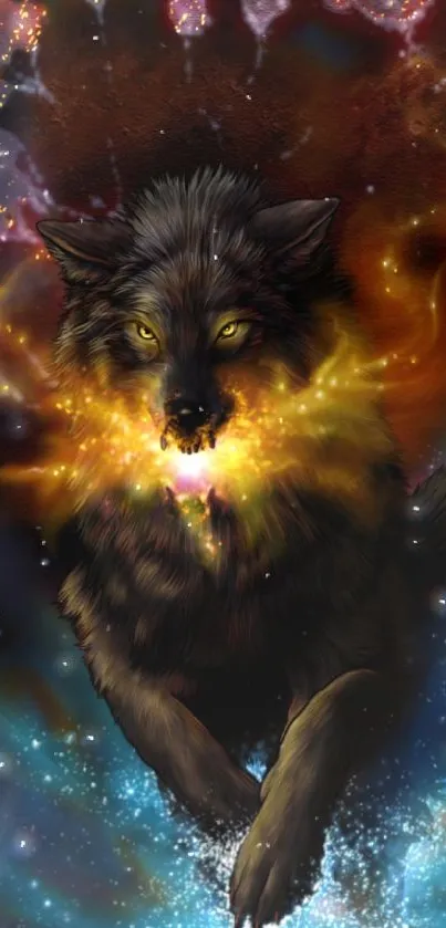 Mystical wolf with fiery glow in a galaxy background.
