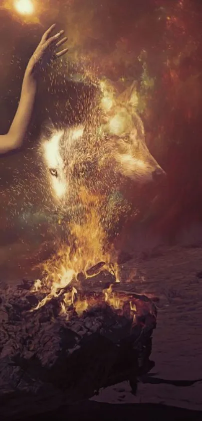 Mystical wolf image with swirling fire.