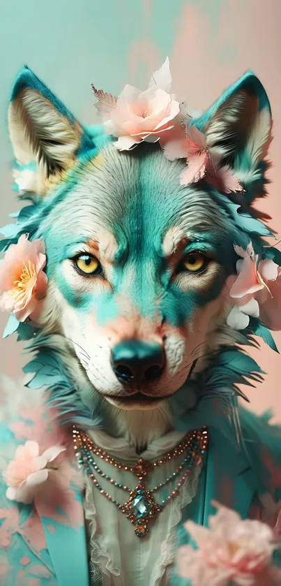 Mystical wolf adorned with pastel flowers in vibrant colors.