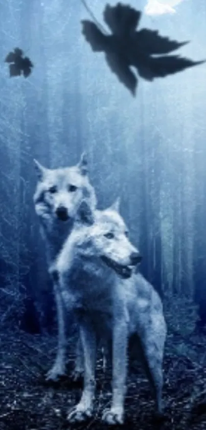 Two wolves in a mystical blue forest setting.