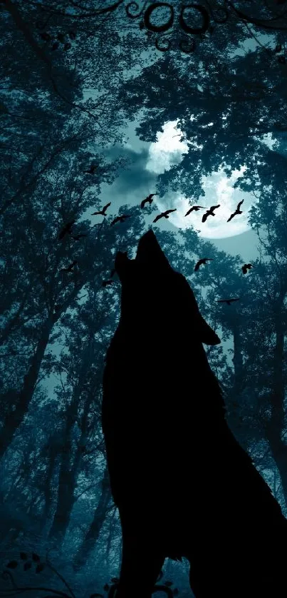 Silhouette of a howling wolf in a mystical moonlit forest scene.