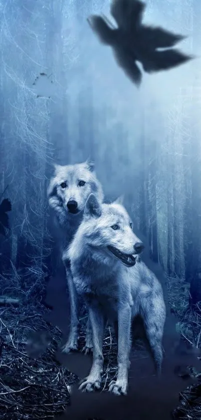 Enchanting wolves in a mystical blue forest.