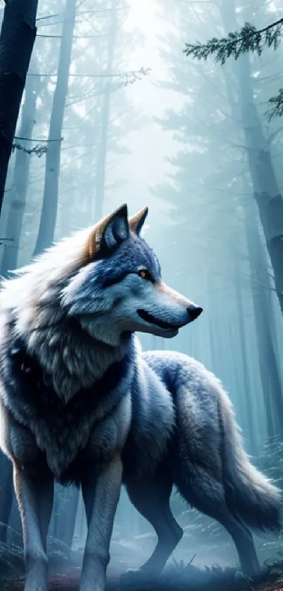 Mystical wolf in a serene, foggy forest setting.