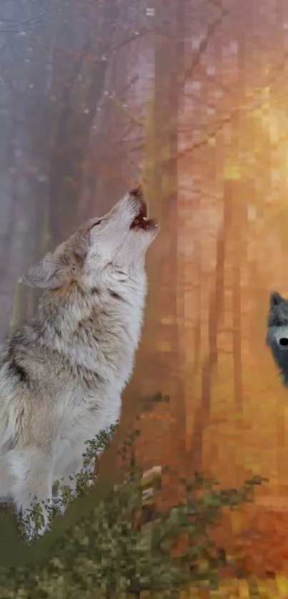 Wolf howling in a pixelated autumn forest wallpaper.