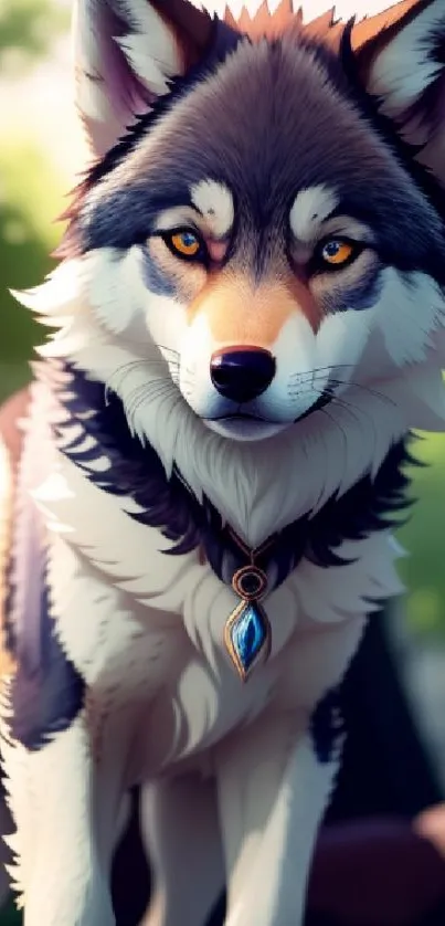 Mystical wolf in a vibrant forest setting mobile wallpaper.