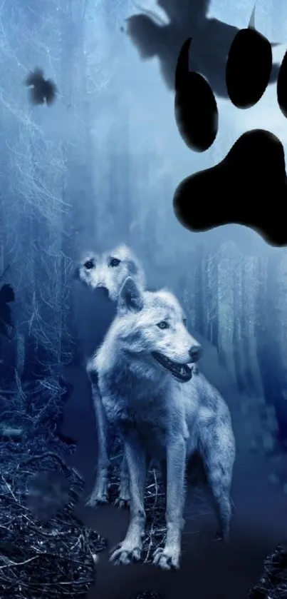 Blue forest with a mystical wolf in the shadows.