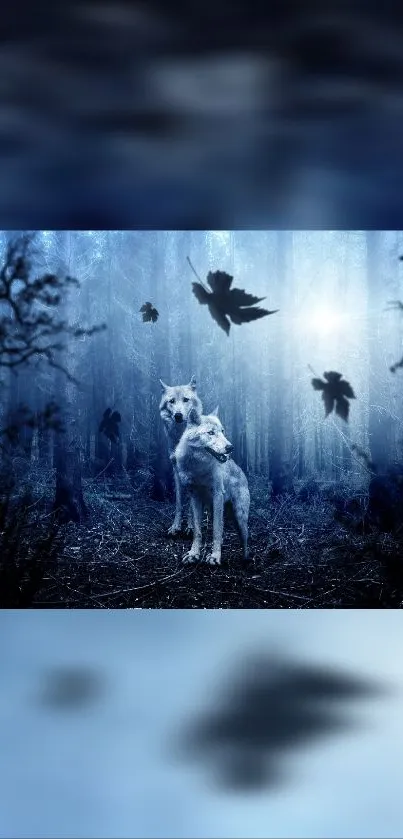 Mystical wolves in a blue forest with floating leaves at night.