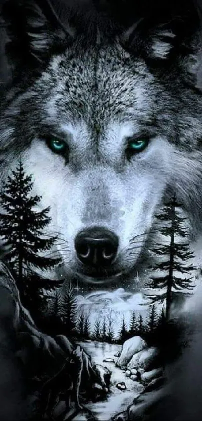 Mystical wolf with forest scene in grayscale mobile wallpaper.