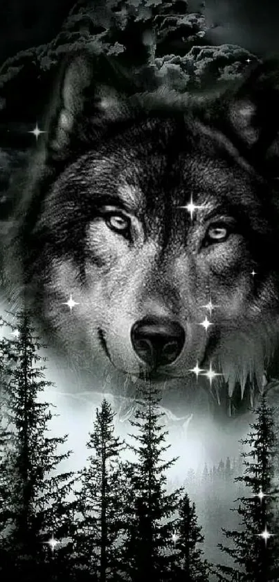 Majestic wolf head in black and white forest setting wallpaper.