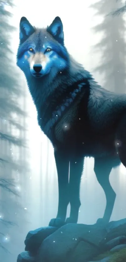 Mystical wolf standing in a misty forest.
