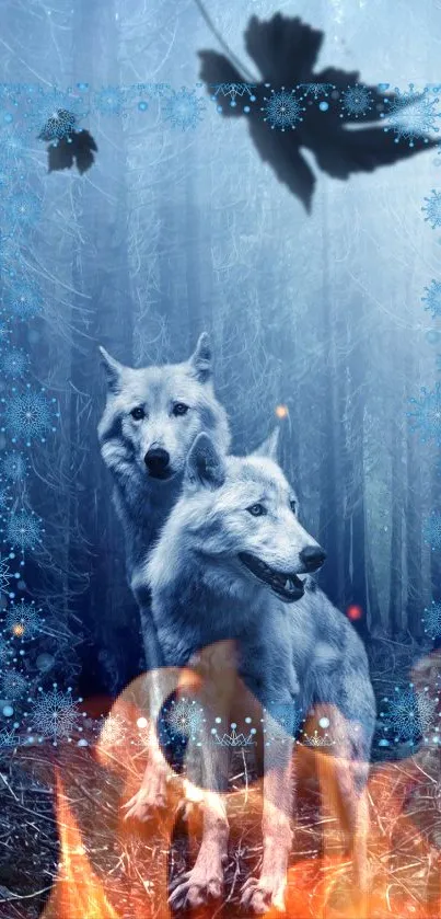 Mystical wolves in a serene, blue-tinged forest with flames and leaves.