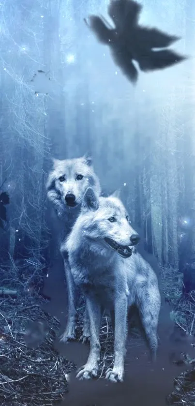 Two wolves in a mystical blue forest setting with ethereal light.