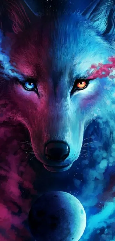 A mystical wolf with red and blue cosmic colors in a galaxy-themed phone wallpaper.