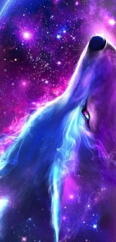 Mystical wolf howling in vibrant cosmic galaxy with purple and blue hues.