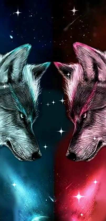 Mystical wolves in vibrant galaxy art wallpaper with contrasting colors.