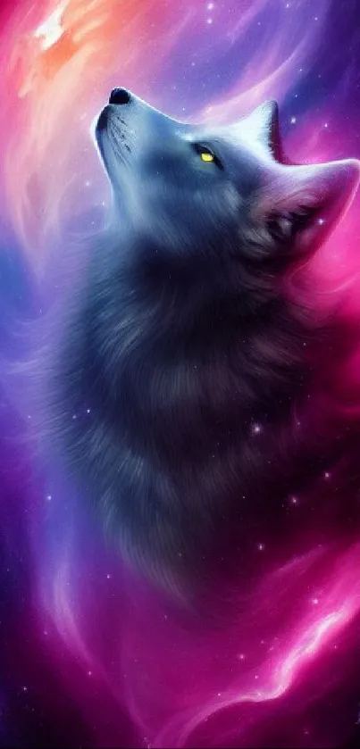 Galaxy-themed wallpaper featuring a mystical wolf under a starry sky.