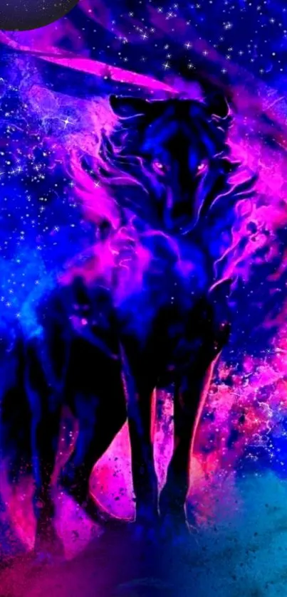 Mystical wolf in a vibrant galaxy scene with blue and pink hues.