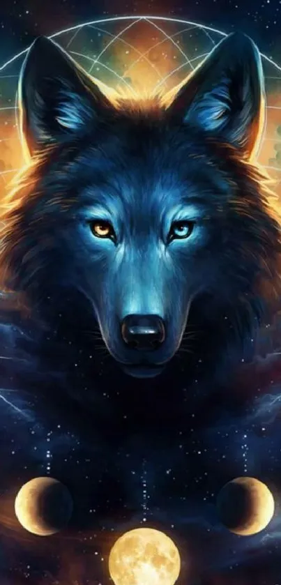 Mystical wolf with celestial background and vibrant galaxy design.