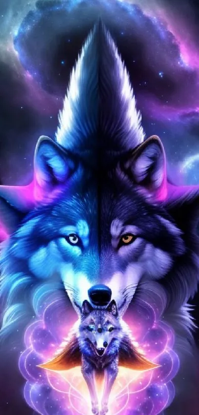 Mystical wolf in vibrant galaxy with cosmic designs, perfect for mobile wallpaper.