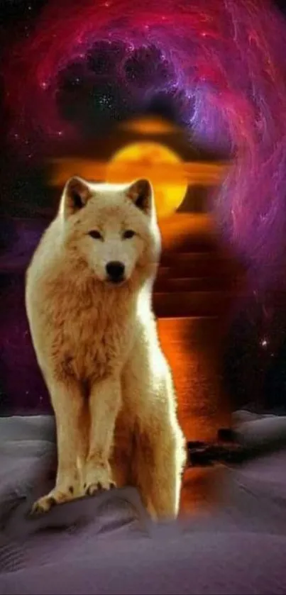 Mystical wolf with galaxy background in vibrant colors.