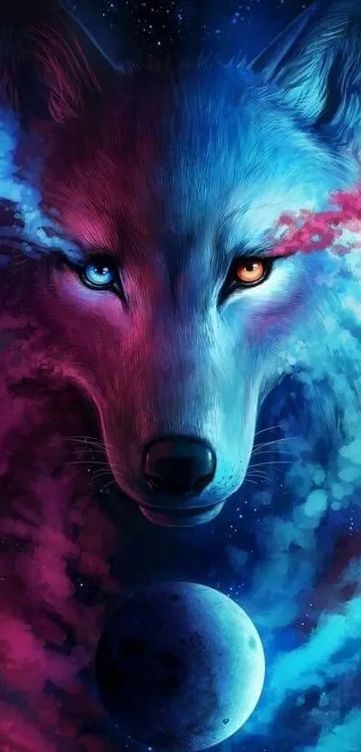Mystical wolf in a vibrant galaxy background with contrasting eyes.