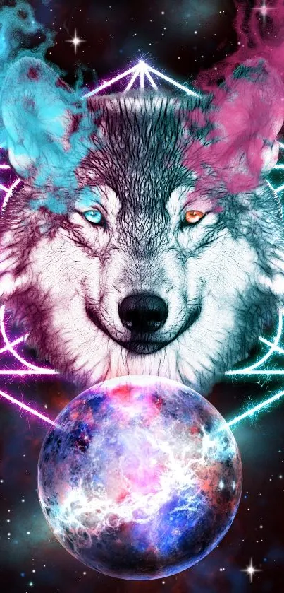 Mystical wolf in galaxy theme with vibrant colors and geometric shapes.